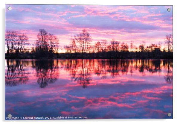 Nightscape at Adour French river in blazing red sunset. Photogra Acrylic by Laurent Renault