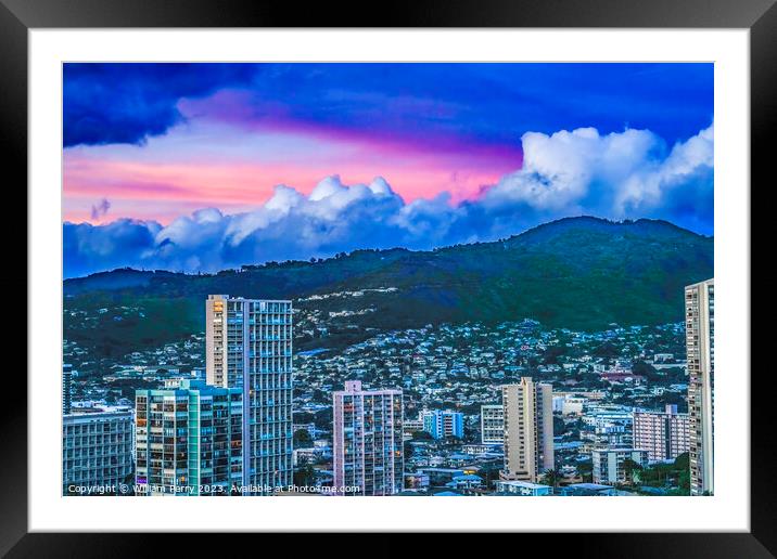 Colorful Pink Sunset Buildings Tantalus Waikiki Honolulu Hawaii Framed Mounted Print by William Perry