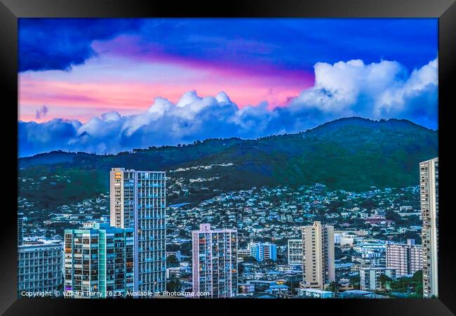 Colorful Pink Sunset Buildings Tantalus Waikiki Honolulu Hawaii Framed Print by William Perry