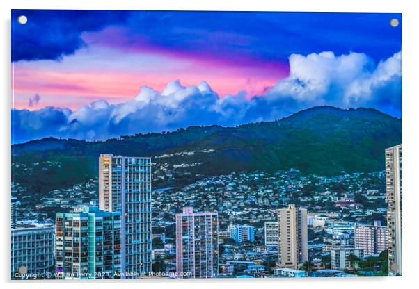 Colorful Pink Sunset Buildings Tantalus Waikiki Honolulu Hawaii Acrylic by William Perry