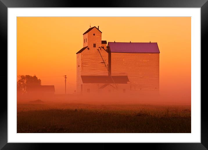 grain elevator in early morning mist Framed Mounted Print by Dave Reede