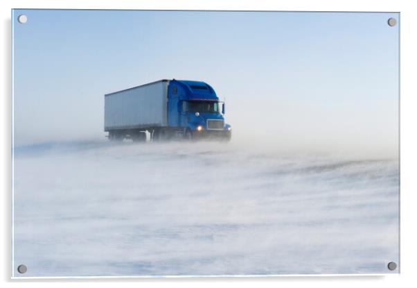 truck on road covered with blowing snow Acrylic by Dave Reede