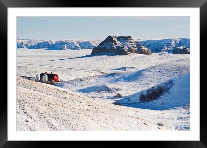 Big Muddy Badlands with Castle Butte and red barn Framed Mounted Print by Dave Reede
