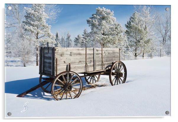 old wagon, hoarfrost on trees Acrylic by Dave Reede