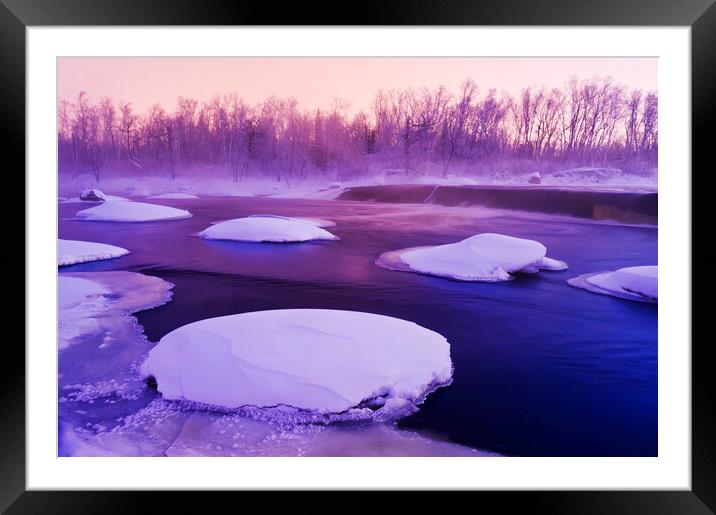 winter along the Whiteshell River at Rainbow Falls Framed Mounted Print by Dave Reede