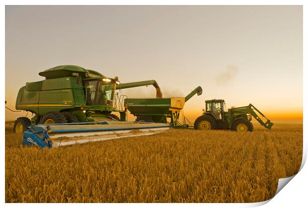 a combine unloads barley in to a grain wagon on the go Print by Dave Reede
