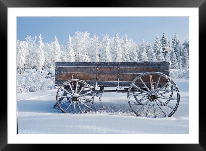 old wagon, hoarfrost on trees Framed Mounted Print by Dave Reede