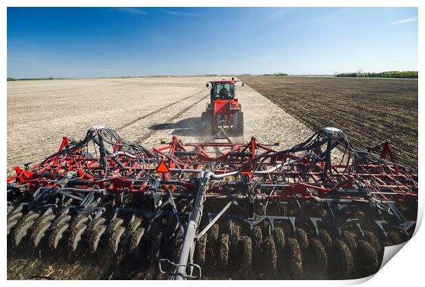 moving tractor and and air till seeder planting soybeans Print by Dave Reede