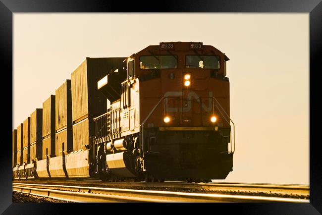 locomotive pulling rail cars carrying containers Framed Print by Dave Reede