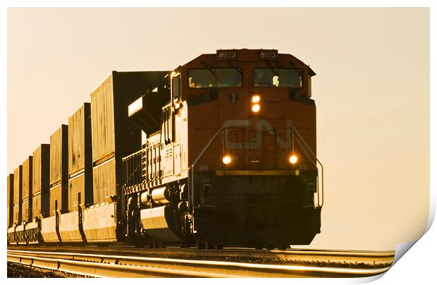 locomotive pulling rail cars carrying containers Print by Dave Reede