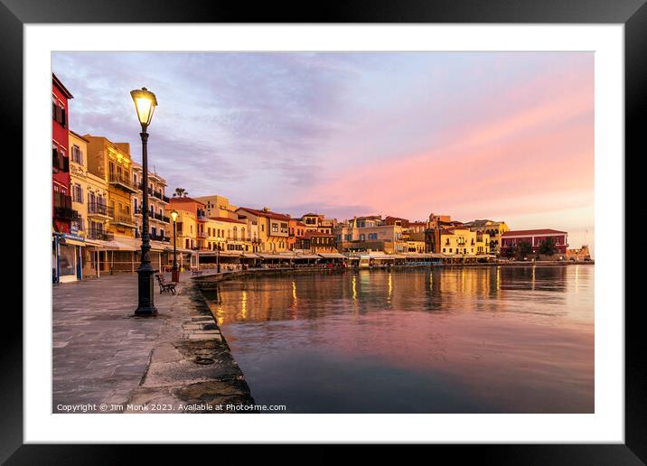 Sunrise at the old venetian harbour of Chania Framed Mounted Print by Jim Monk