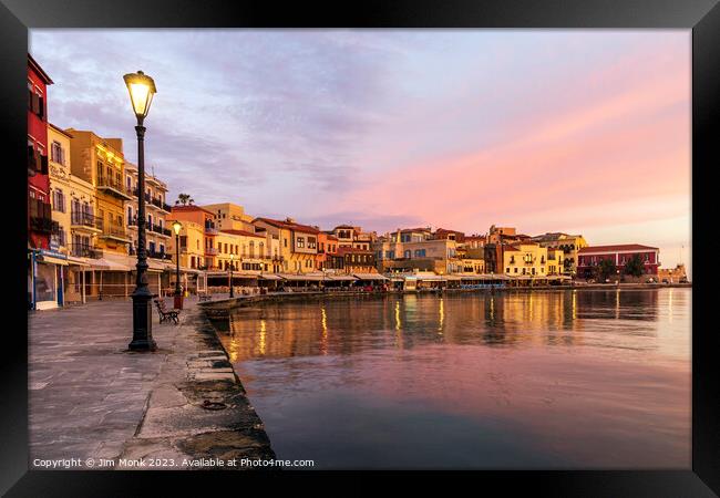 Sunrise at the old venetian harbour of Chania Framed Print by Jim Monk