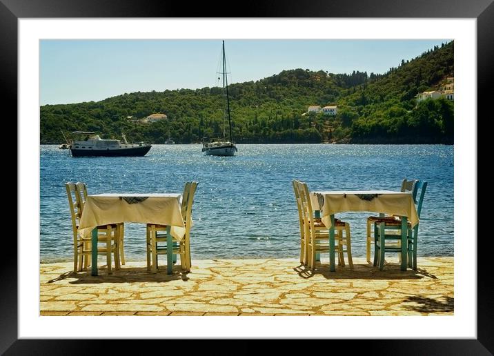 Kioni harbour side dining Framed Mounted Print by Alan Matkin
