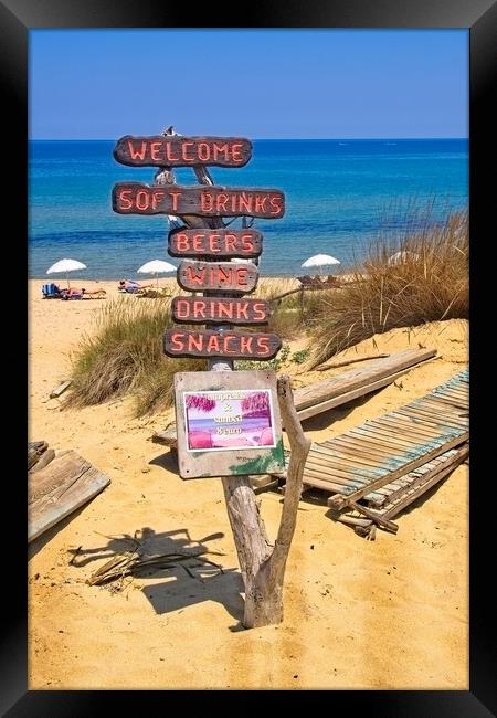 Mandraki beach beach sign Skiathos. Framed Print by Alan Matkin