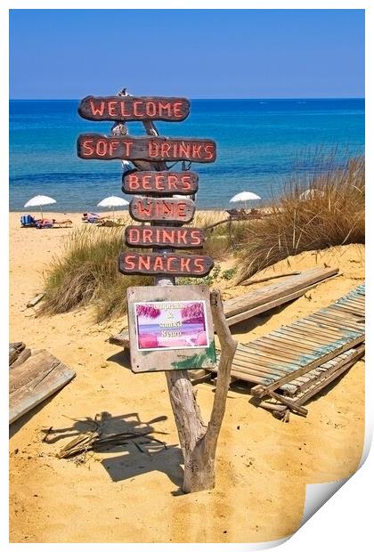 Mandraki beach beach sign Skiathos. Print by Alan Matkin