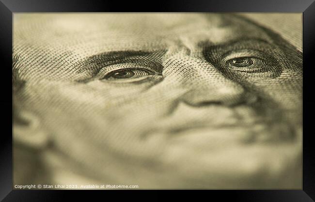 Benjamin Franklin's eyes on the 100 dollar bill Framed Print by Stan Lihai