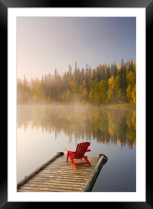 Muskoka chair on dock Framed Mounted Print by Dave Reede