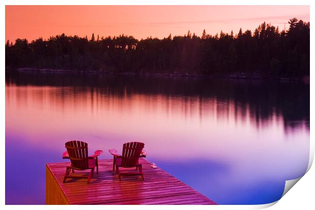 Muskoka chairs on dock Print by Dave Reede