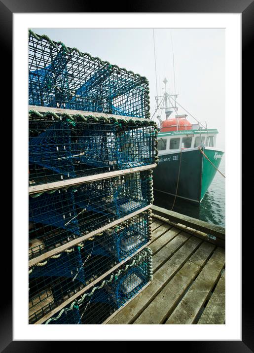 lobster traps and fishing boat Framed Mounted Print by Dave Reede