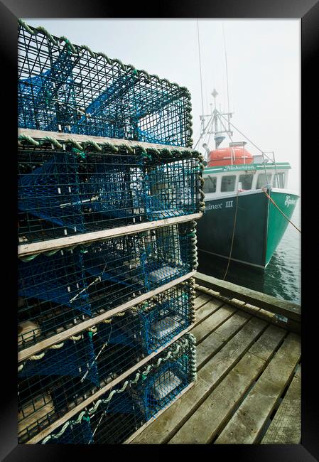 lobster traps and fishing boat Framed Print by Dave Reede
