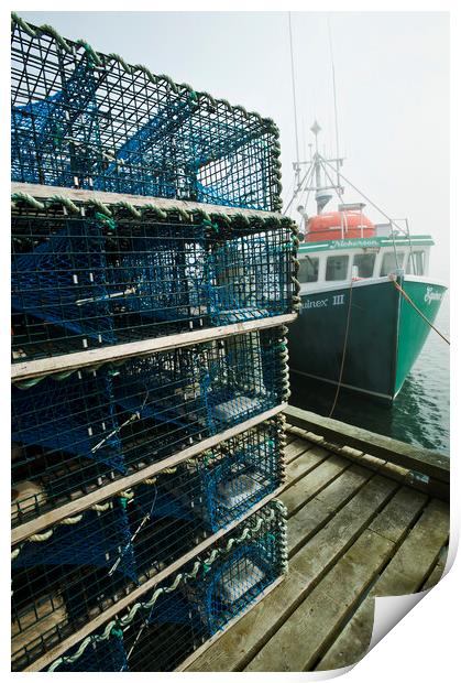 lobster traps and fishing boat Print by Dave Reede