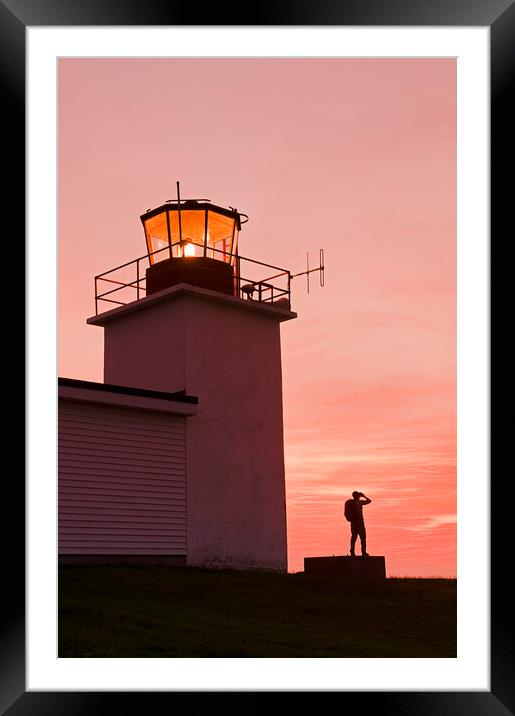 hiker looking out from Grand Passage lighthouse Framed Mounted Print by Dave Reede