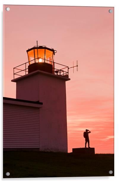 hiker looking out from Grand Passage lighthouse Acrylic by Dave Reede