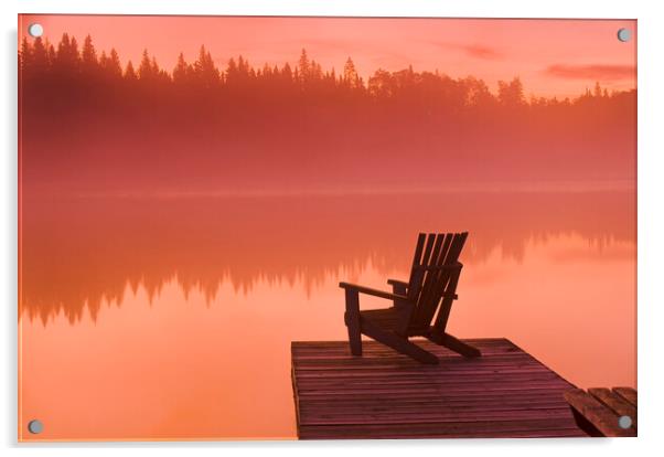 chair on dock at Glad Lake Acrylic by Dave Reede