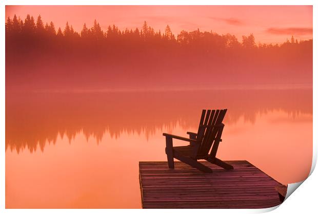 chair on dock at Glad Lake Print by Dave Reede