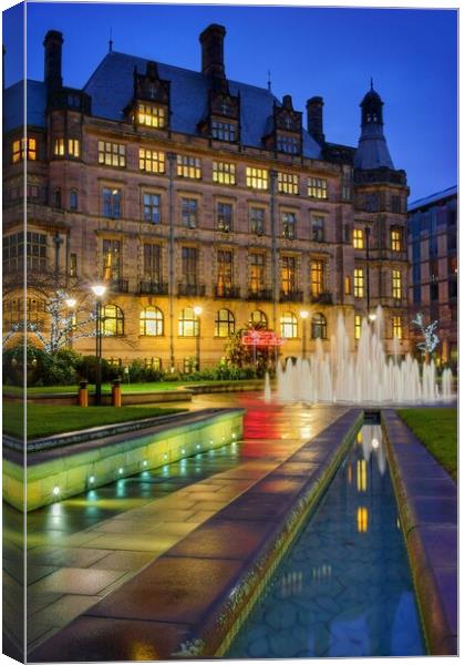 Sheffield Town Hall and Goodwin Fountain at Night   Canvas Print by Darren Galpin