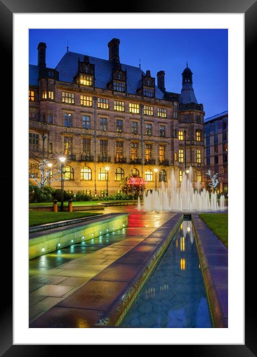 Sheffield Town Hall and Goodwin Fountain at Night   Framed Mounted Print by Darren Galpin