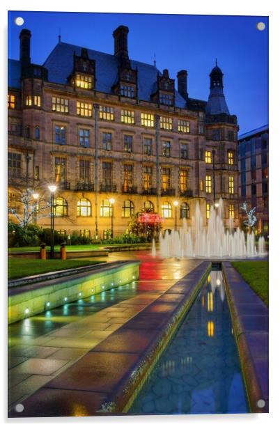 Sheffield Town Hall and Goodwin Fountain at Night   Acrylic by Darren Galpin