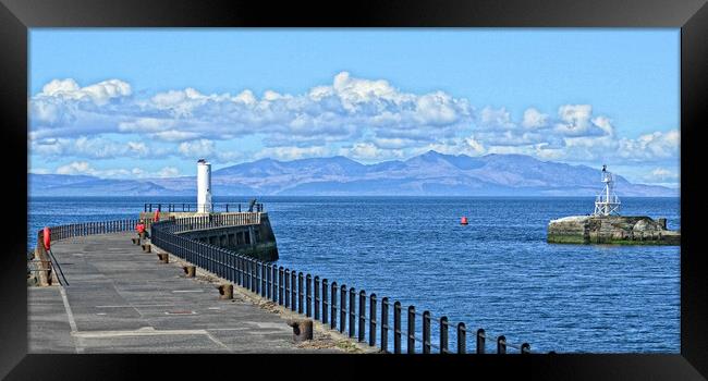 Ayr harbour pier and mountains on Arran Framed Print by Allan Durward Photography