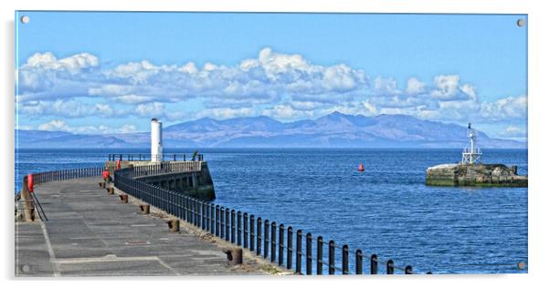 Ayr harbour pier and mountains on Arran Acrylic by Allan Durward Photography