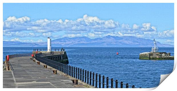 Ayr harbour pier and mountains on Arran Print by Allan Durward Photography