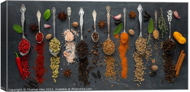 Colorful selection of exotic spices on a slate Canvas Print by Thomas Klee