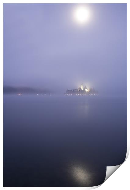 Blue moon over Lake Bled Print by Ian Middleton
