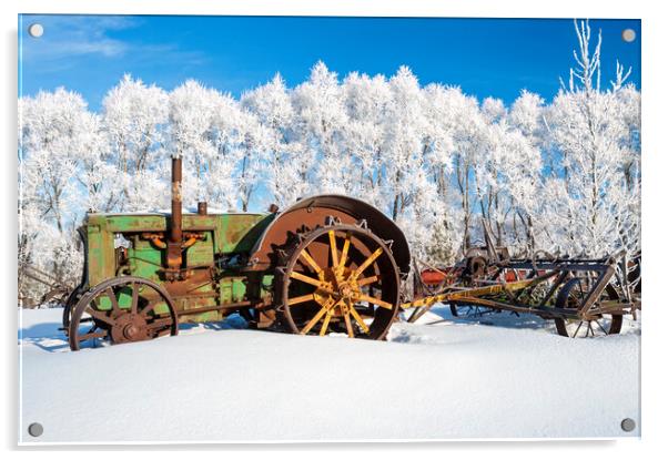 old tractor in the frost Acrylic by Dave Reede