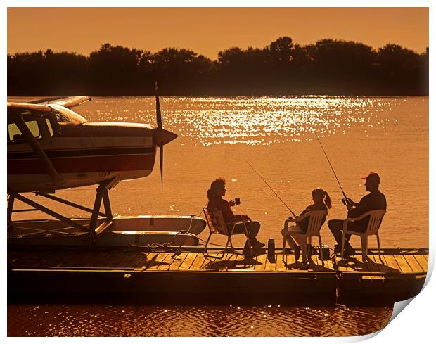 family on float plane dock Print by Dave Reede