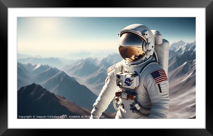 Astronaut walks between snowy mountains of a disco Framed Mounted Print by Joaquin Corbalan