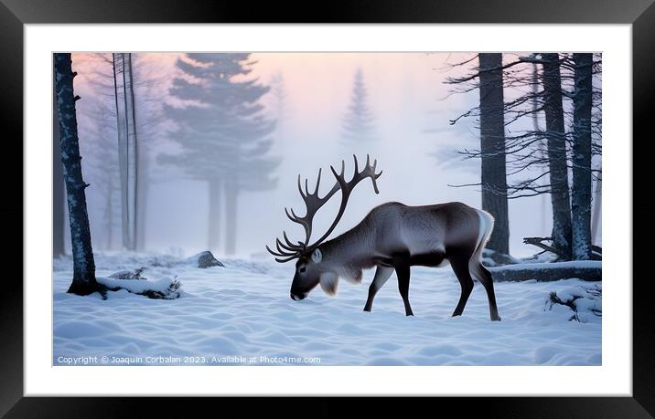 Big reindeer wanders through the snowy forest in s Framed Mounted Print by Joaquin Corbalan