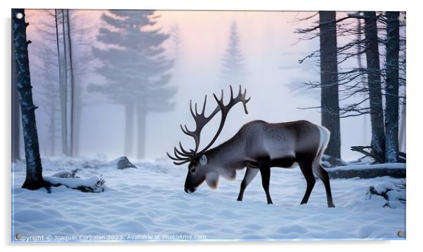 Big reindeer wanders through the snowy forest in s Acrylic by Joaquin Corbalan