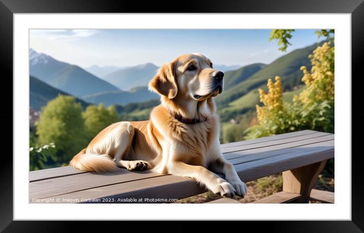 Golden retriever dog rests in a meadow with high a Framed Mounted Print by Joaquin Corbalan