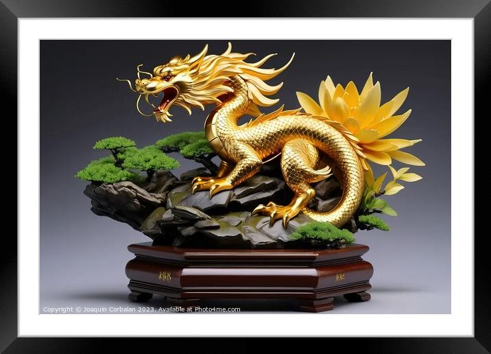 Sculpture of an Asian style golden dragon on a wooden platform. Framed Mounted Print by Joaquin Corbalan