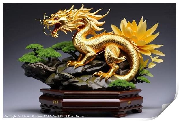 Sculpture of an Asian style golden dragon on a wooden platform. Print by Joaquin Corbalan