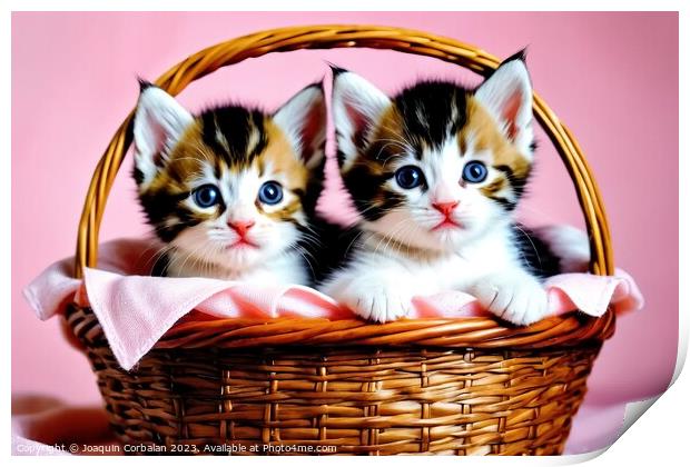 Tender and playful kittens in a basket. Print by Joaquin Corbalan