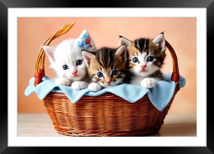 Tender and playful kittens in a basket. Framed Mounted Print by Joaquin Corbalan