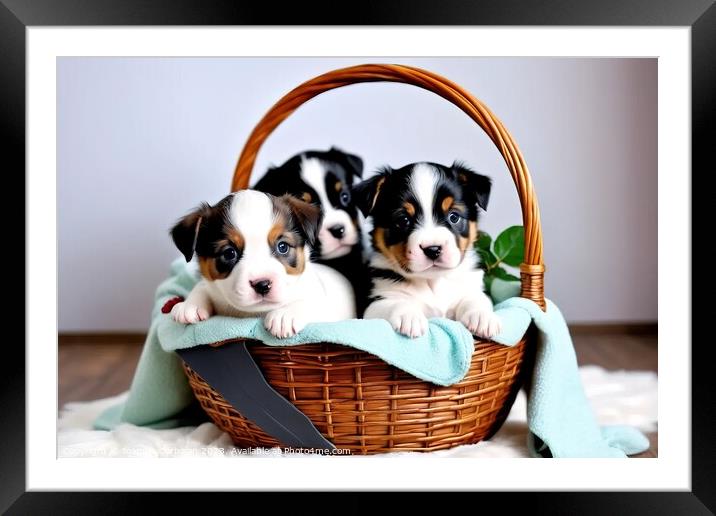 Adorable puppies in a wicker basket. Framed Mounted Print by Joaquin Corbalan