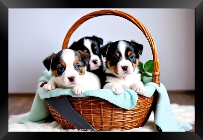 Adorable puppies in a wicker basket. Framed Print by Joaquin Corbalan