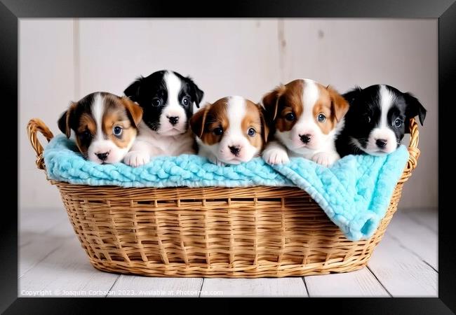Tender puppies in a basket, an image that reaches  Framed Print by Joaquin Corbalan